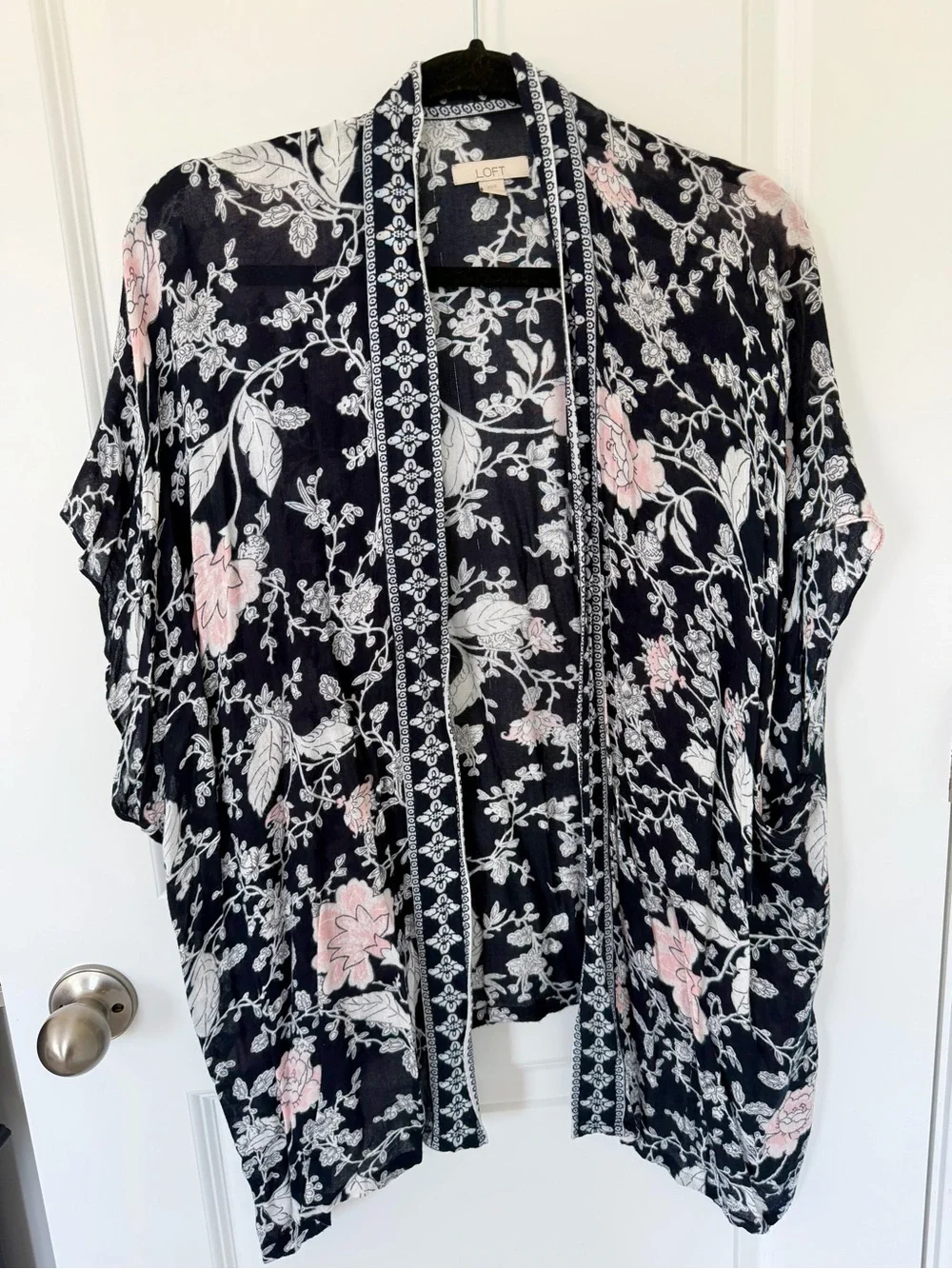 LOFT Black Floral Open-Front Kimono with Pink and White Blooms
